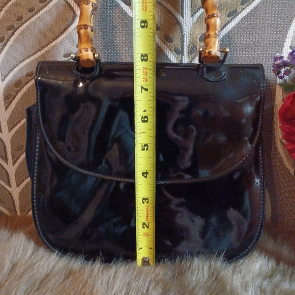 Vintage Bamboo Handle Patented Leather Black Vinyl Evening Handbag 8" - Picture 8 of 12